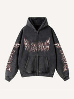 Skeleton&Wing&Letter Print Zip Up Slant Pockets Hooded Coat