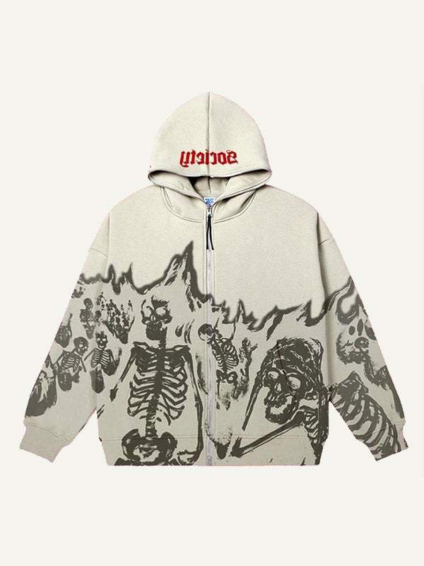 Letter&Skeleton Print Zip Up Hooded Coat